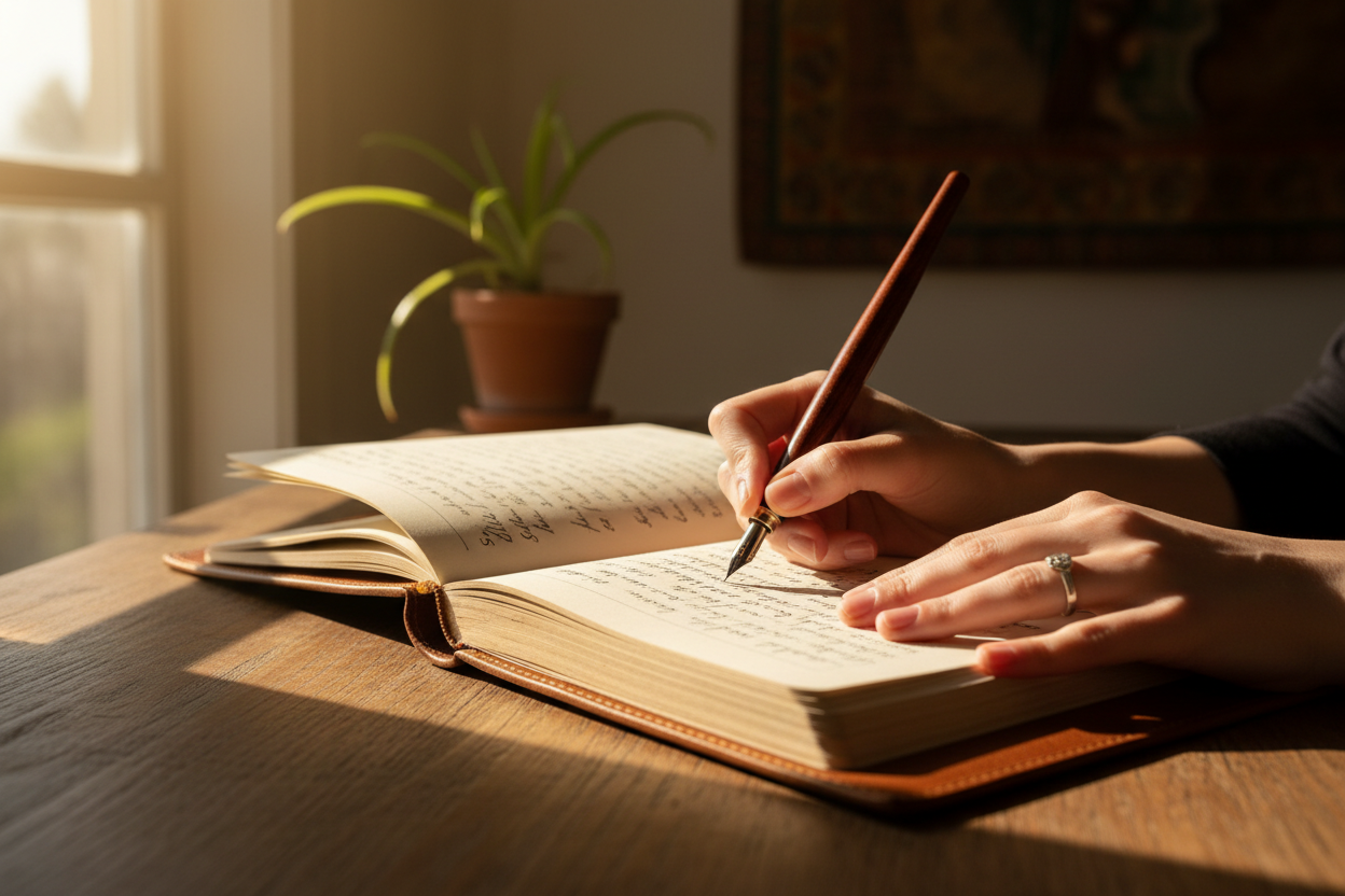 a woman writing on a leather journal. the image is focused on the journal and her writing, with a dramatic lighting as as if writing from beside a window with the light filtering in.
